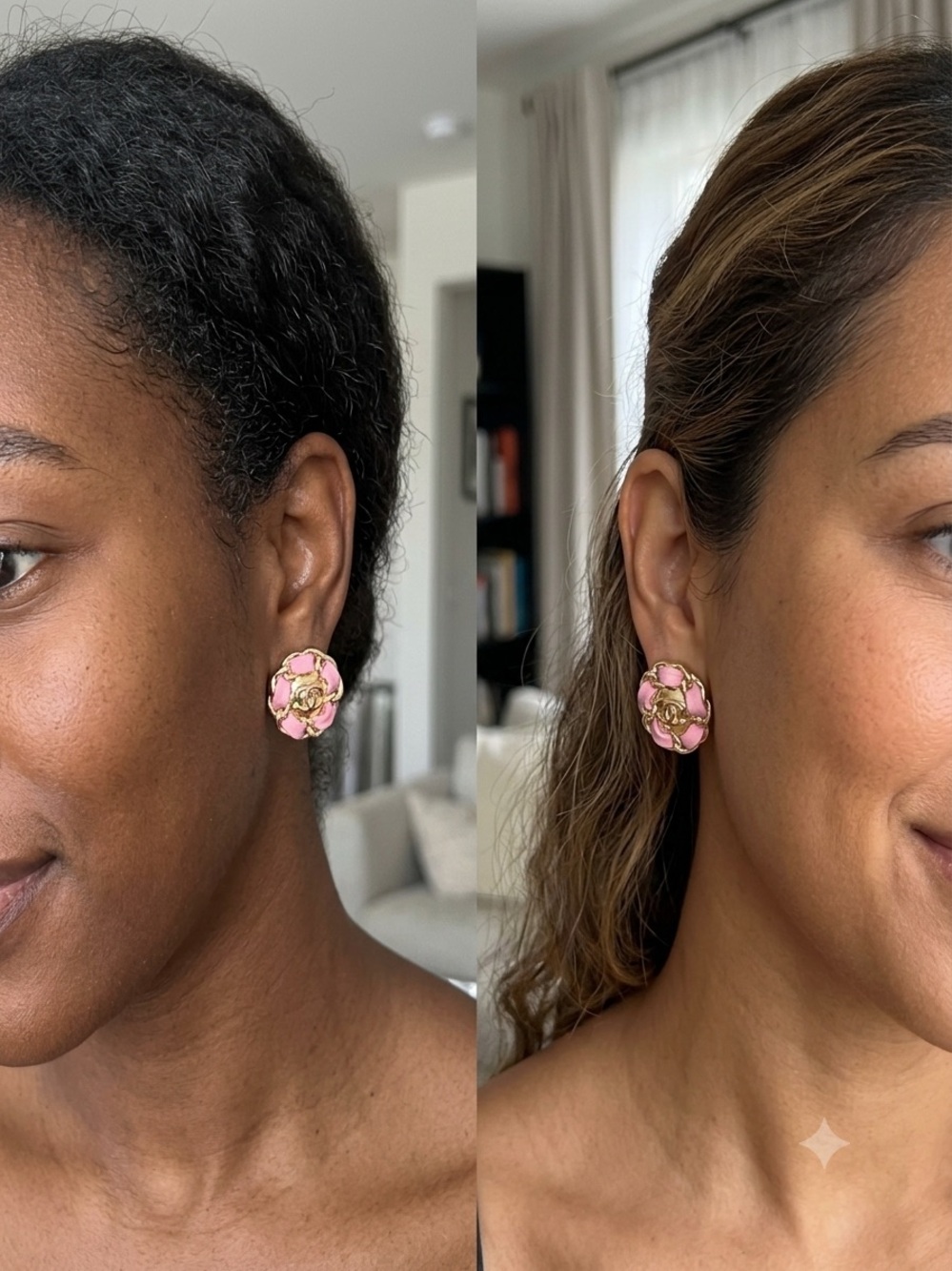 Pink Flower Enamel Clip-On Earrings with Gold Center